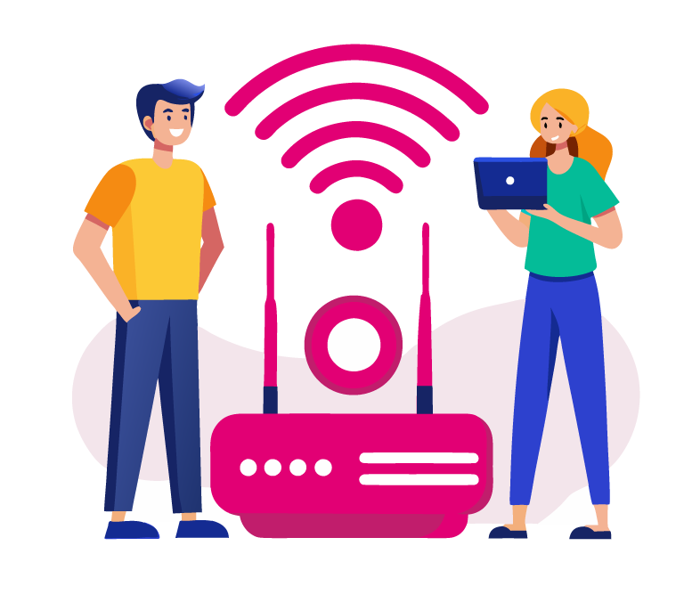 Illustration of a boy and girl standing beside a pink modem with visible Wi-Fi signals, symbolizing Aussie NBN network usage.